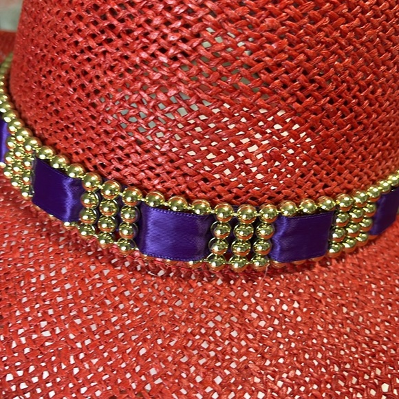 Something Special Red Straw Hat Sun Beaded Gold Purple Womens - Picture 5 of 10